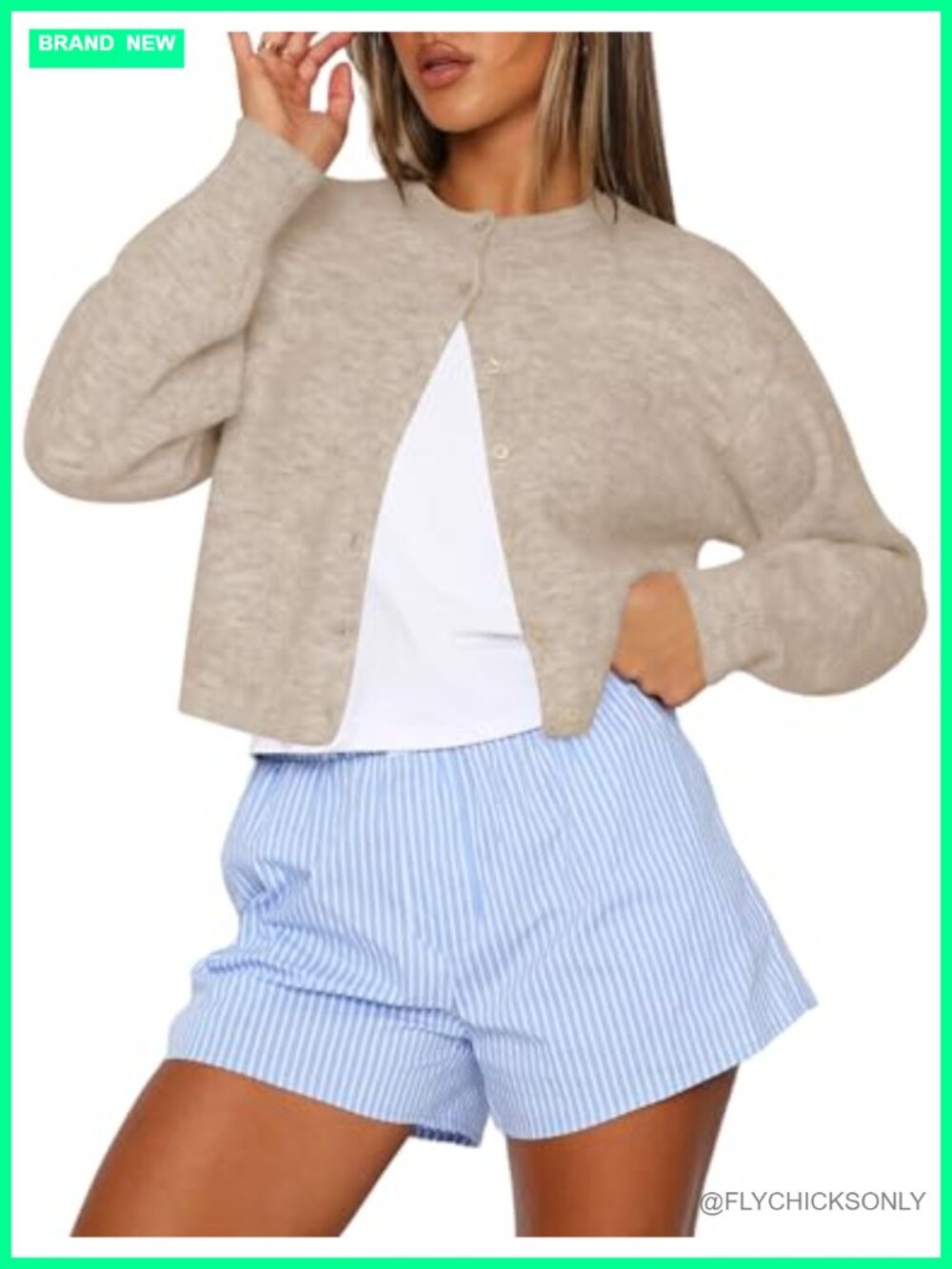 Cropped Cardigan Sweater Women Crew Neck Long Sleeve Button Up Knit Lightweight
